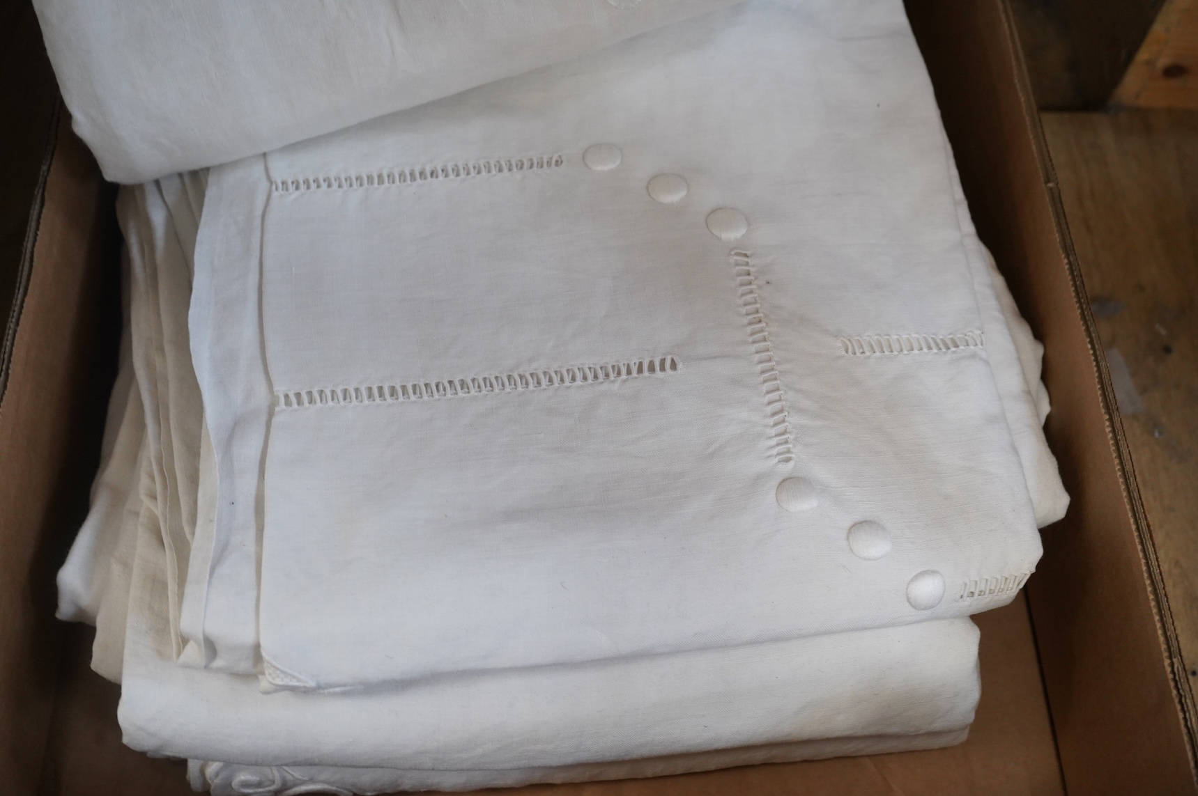 Six French provincial, coarse linen, spot motif embroidered and drawn thread work top sheets